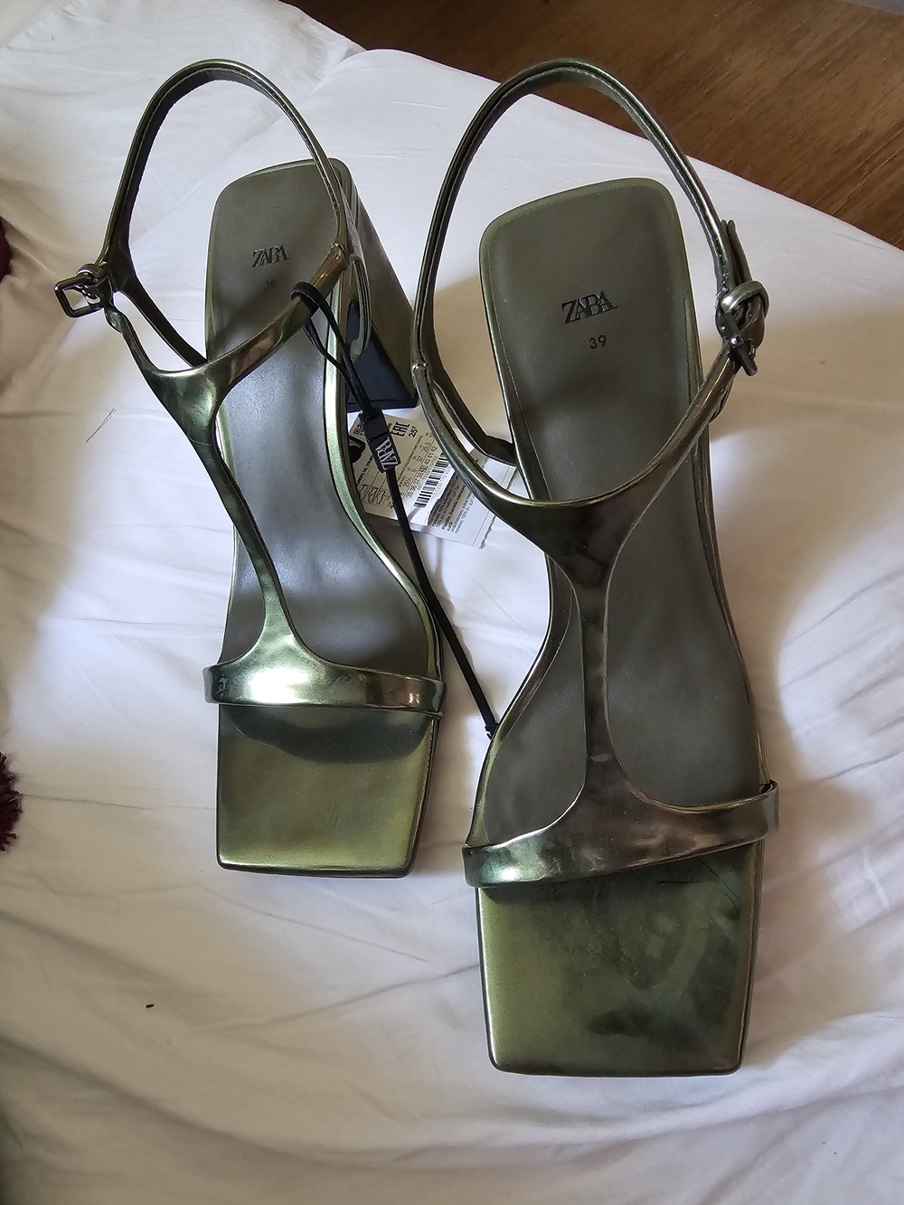 Zara Metallic Olive Green T-Strap Square Toe Heels